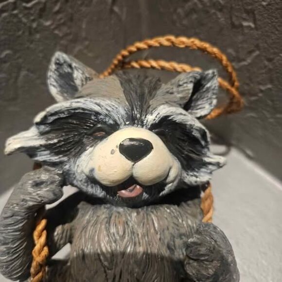 Hanging.Resin Raccoon Sitting in Swing Roman Raccoon Pudgy Pals - Picture 1 of 5